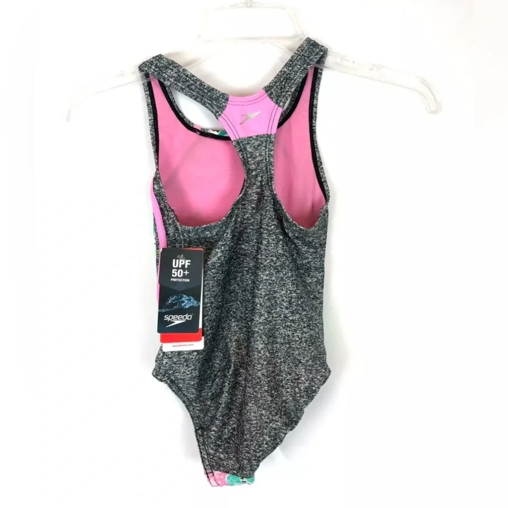 Speedo Girl’s Racerback One Piece Swimsuit Size 7 Grey/Pink